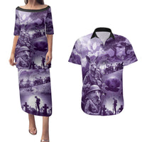 Purple ANZAC Day The Battle of Lone Pine Couples Matching Puletasi and Hawaiian Shirt Kiwi-Kangaroo Soldier Lest We Forget