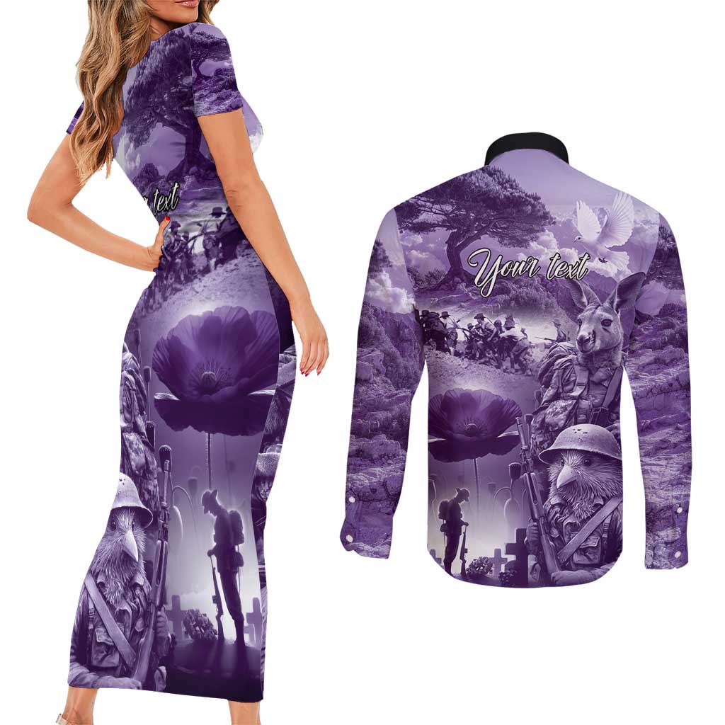 Purple ANZAC Day The Battle of Lone Pine Couples Matching Short Sleeve Bodycon Dress and Long Sleeve Button Shirt Kiwi-Kangaroo Soldier Lest We Forget