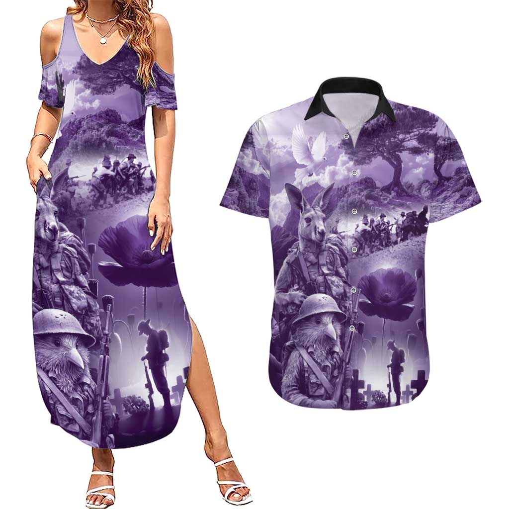Purple ANZAC Day The Battle of Lone Pine Couples Matching Summer Maxi Dress and Hawaiian Shirt Kiwi-Kangaroo Soldier Lest We Forget