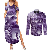 Purple ANZAC Day The Battle of Lone Pine Couples Matching Summer Maxi Dress and Long Sleeve Button Shirt Kiwi-Kangaroo Soldier Lest We Forget