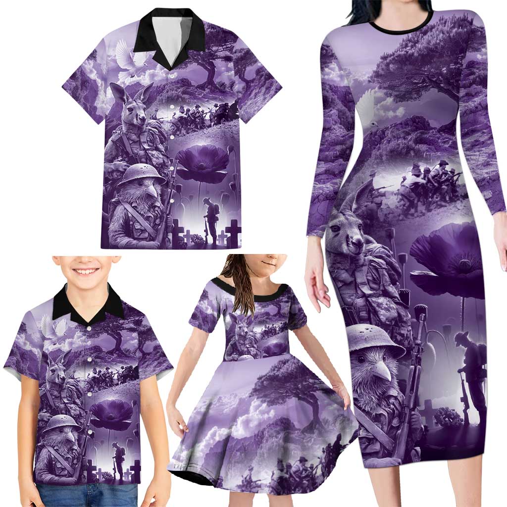 Purple ANZAC Day The Battle of Lone Pine Family Matching Long Sleeve Bodycon Dress and Hawaiian Shirt Kiwi-Kangaroo Soldier Lest We Forget