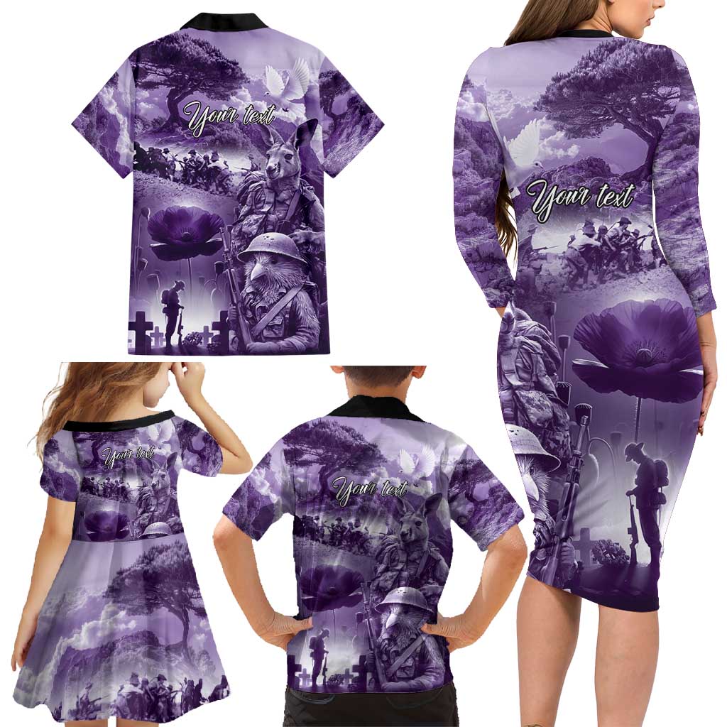 Purple ANZAC Day The Battle of Lone Pine Family Matching Long Sleeve Bodycon Dress and Hawaiian Shirt Kiwi-Kangaroo Soldier Lest We Forget