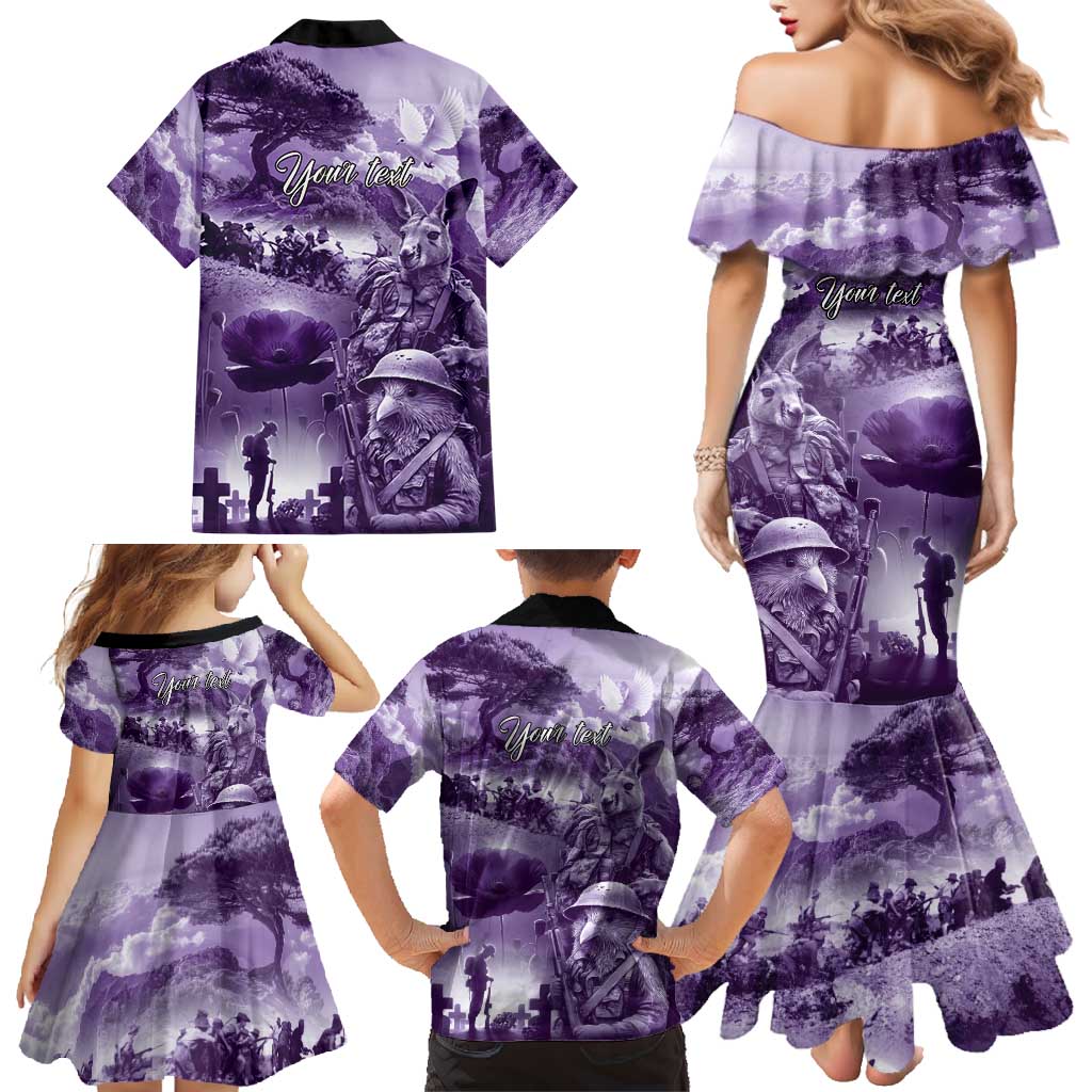 Purple ANZAC Day The Battle of Lone Pine Family Matching Mermaid Dress and Hawaiian Shirt Kiwi-Kangaroo Soldier Lest We Forget