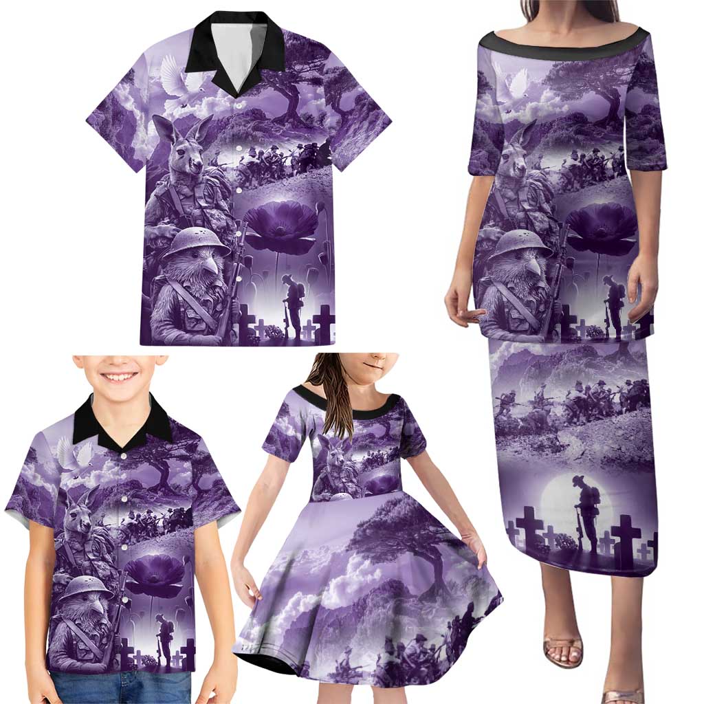 Purple ANZAC Day The Battle of Lone Pine Family Matching Puletasi and Hawaiian Shirt Kiwi-Kangaroo Soldier Lest We Forget