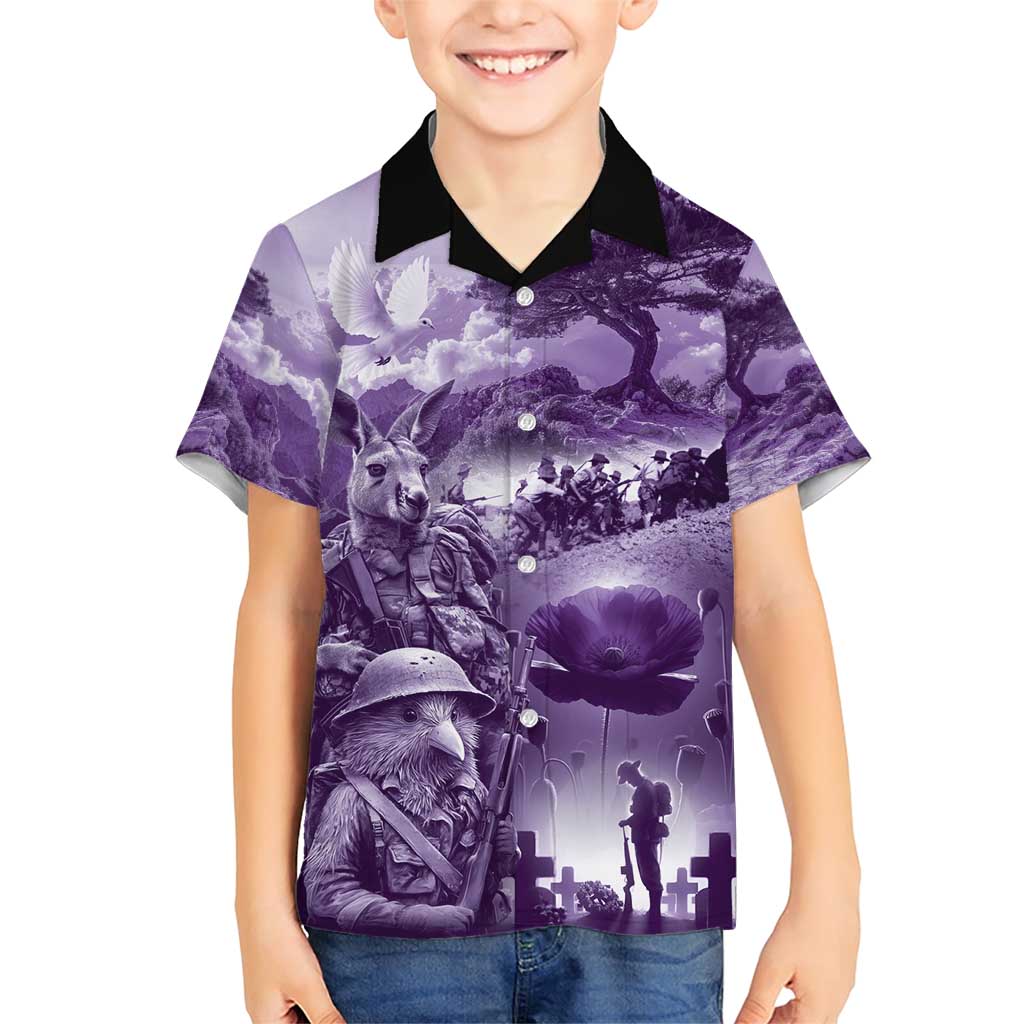 Purple ANZAC Day The Battle of Lone Pine Family Matching Short Sleeve Bodycon Dress and Hawaiian Shirt Kiwi-Kangaroo Soldier Lest We Forget
