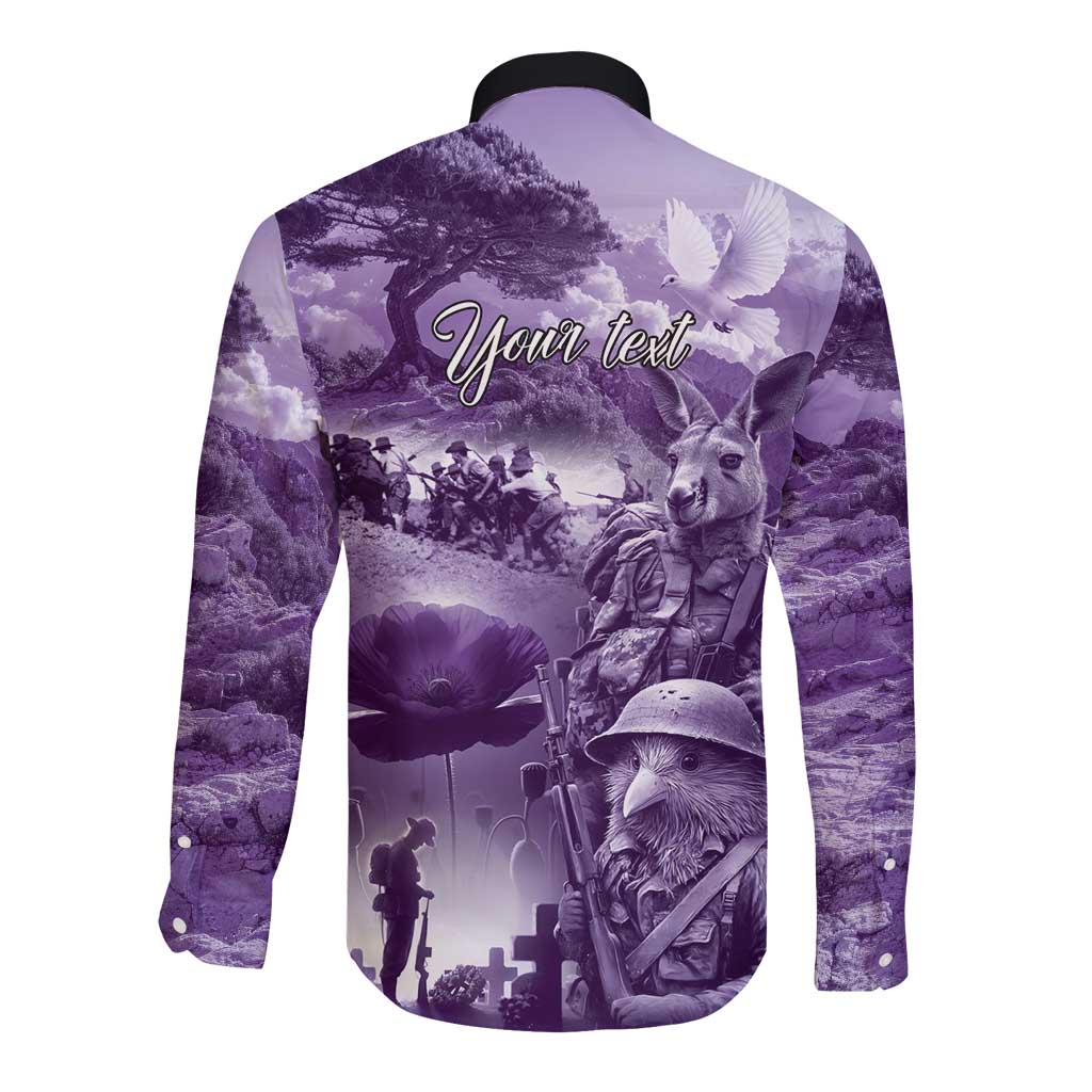 Purple ANZAC Day The Battle of Lone Pine Long Sleeve Button Shirt Kiwi-Kangaroo Soldier Lest We Forget