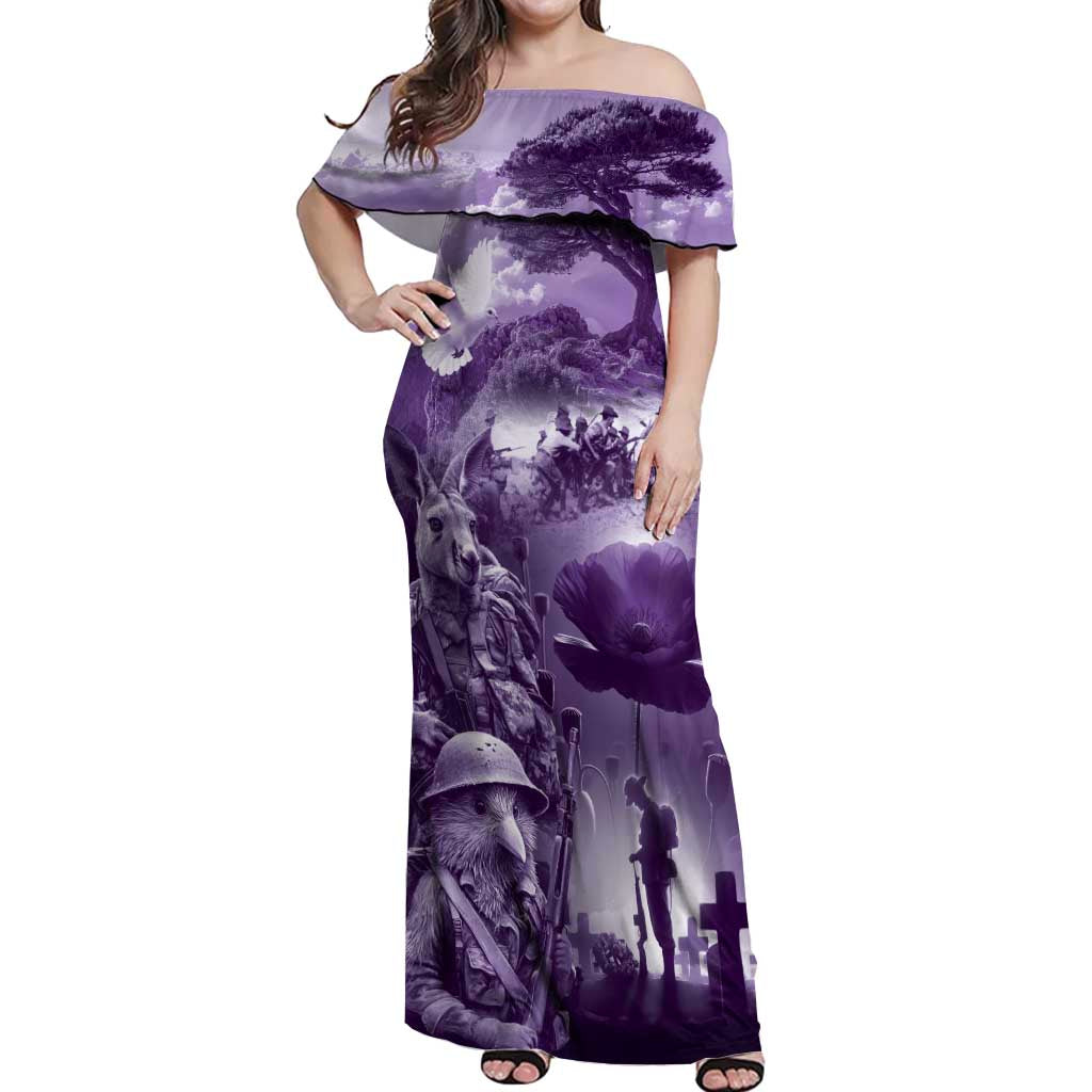Purple ANZAC Day The Battle of Lone Pine Off Shoulder Maxi Dress Kiwi-Kangaroo Soldier Lest We Forget