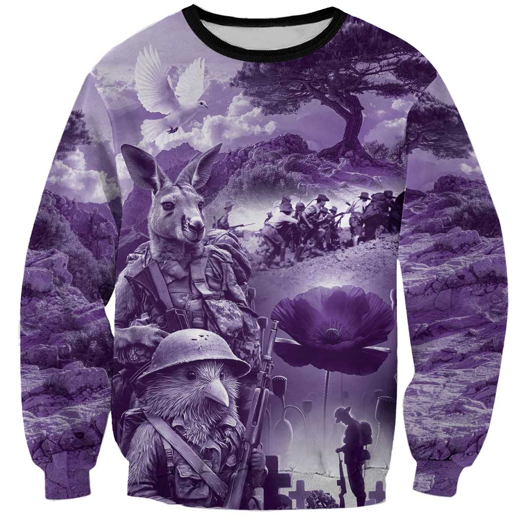 Purple ANZAC Day The Battle of Lone Pine Sweatshirt Kiwi-Kangaroo Soldier Lest We Forget