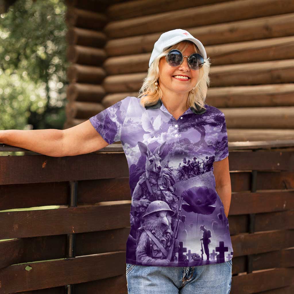 Purple ANZAC Day The Battle of Lone Pine Women Polo Shirt Kiwi-Kangaroo Soldier Lest We Forget