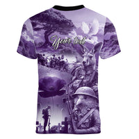 Purple ANZAC Day The Battle of Lone Pine Women V-Neck T-Shirt Kiwi-Kangaroo Soldier Lest We Forget