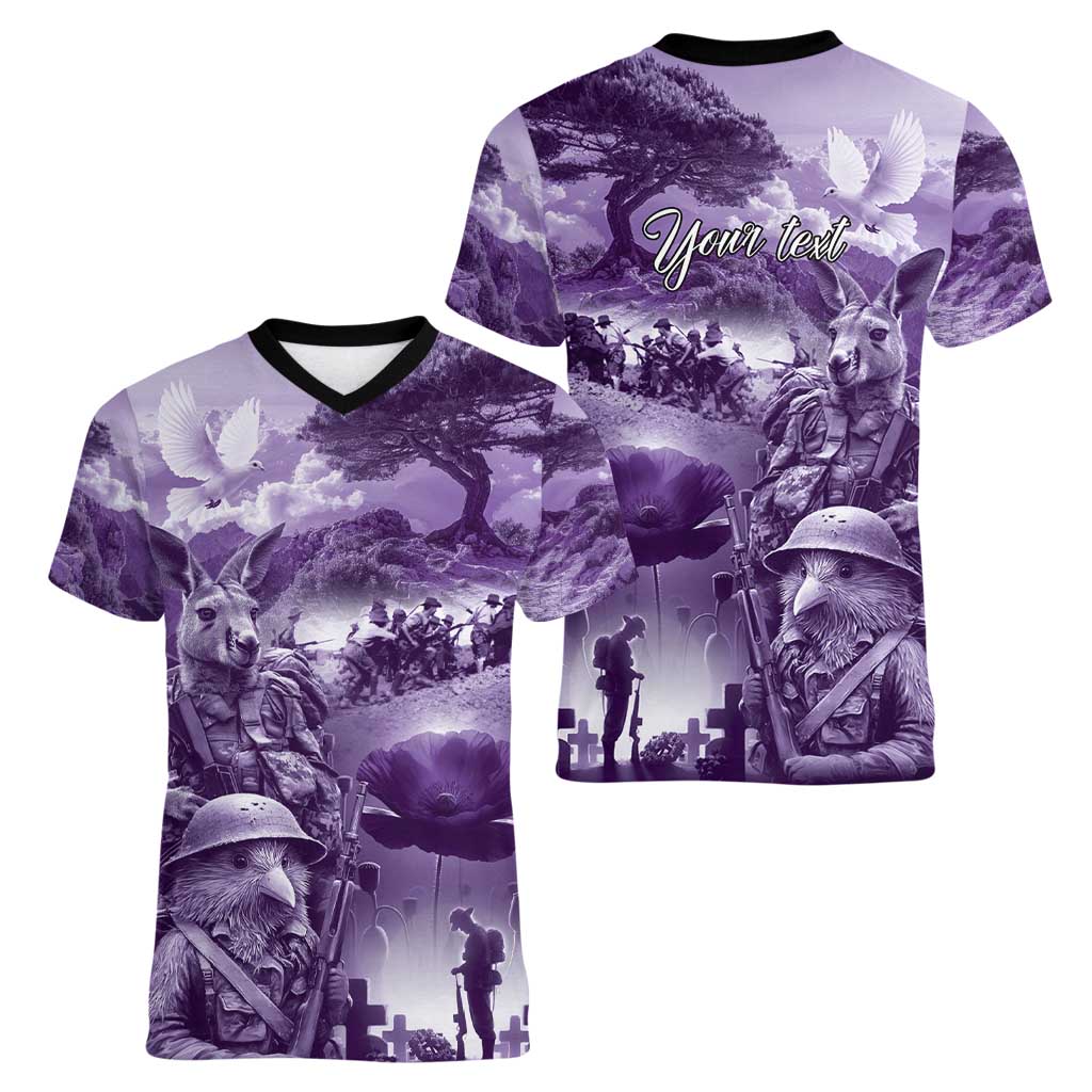 Purple ANZAC Day The Battle of Lone Pine Women V-Neck T-Shirt Kiwi-Kangaroo Soldier Lest We Forget