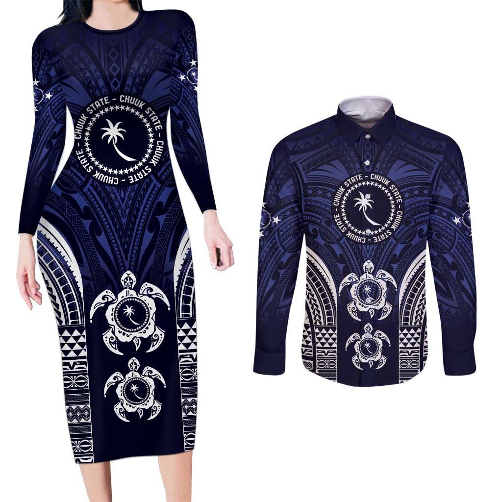 FSM Chuuk States Couples Matching Long Sleeve Bodycon Dress and Long Sleeve Button Shirt Micronesia Six 9 One Polynesian Tribal Pattern LT9 Blue - Polynesian Pride