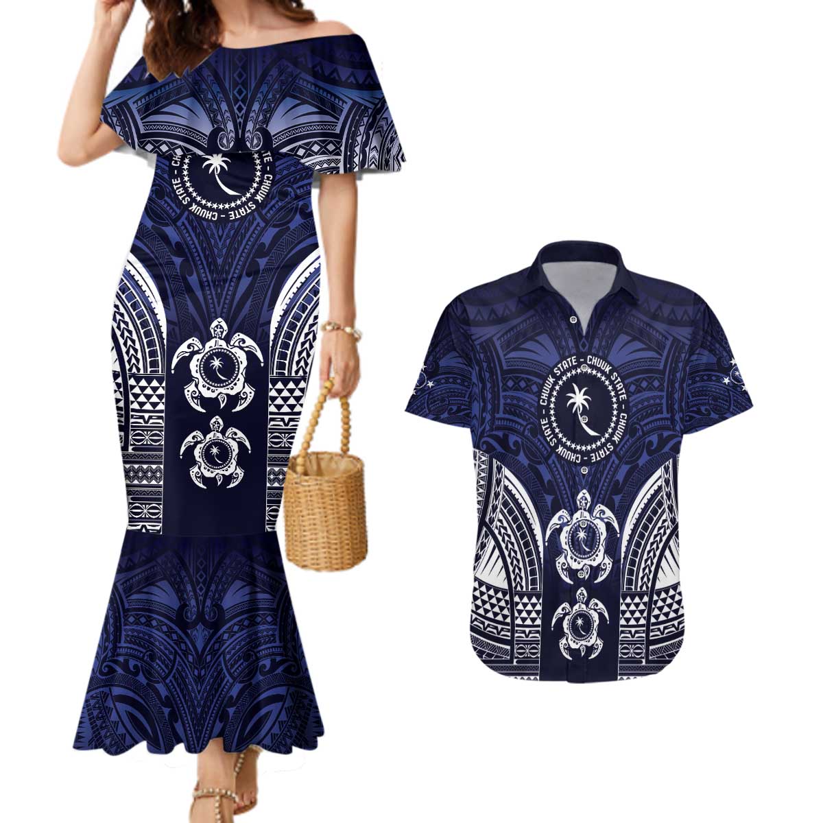 FSM Chuuk States Couples Matching Mermaid Dress and Hawaiian Shirt Micronesia Six 9 One Polynesian Tribal Pattern LT9 Blue - Polynesian Pride