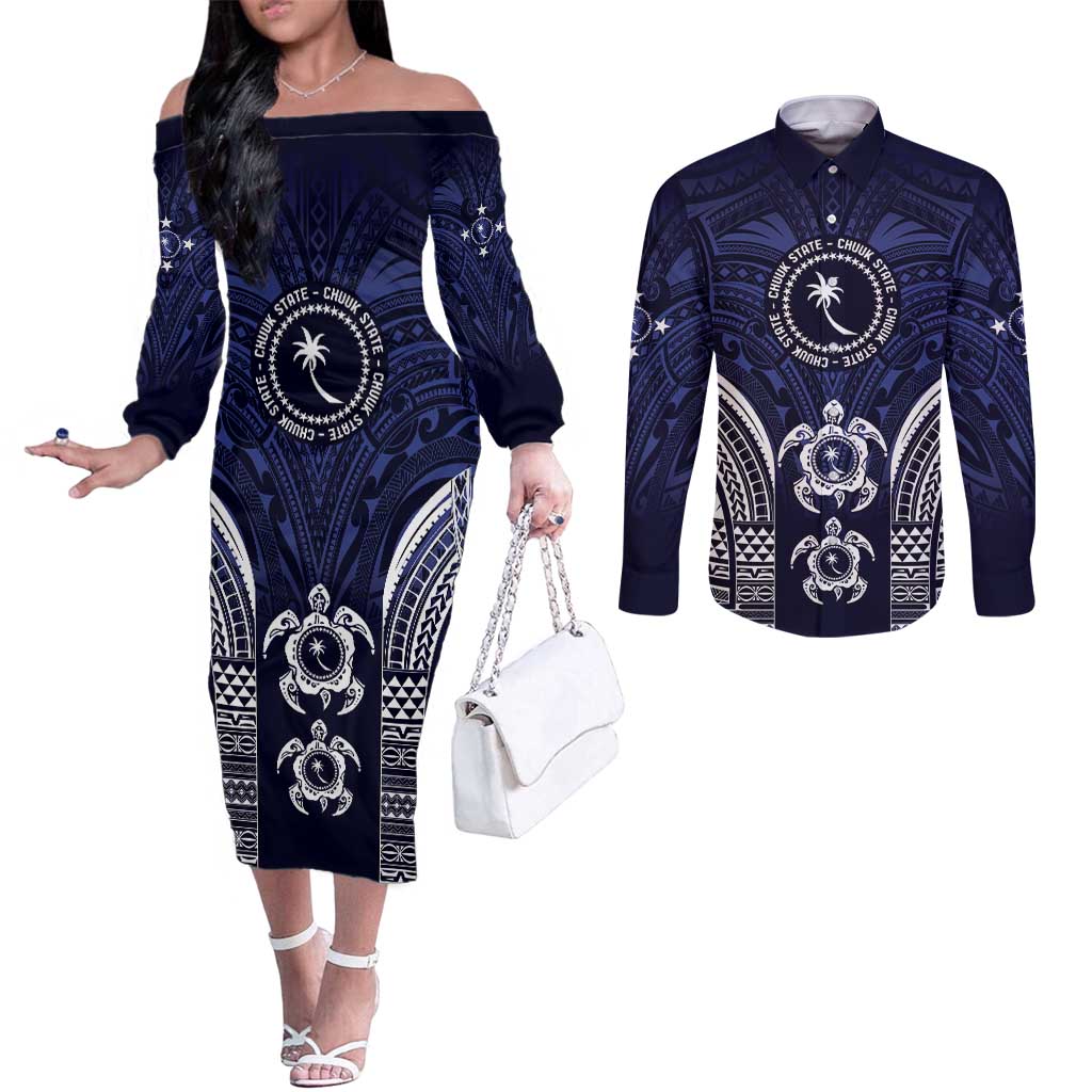 FSM Chuuk States Couples Matching Off The Shoulder Long Sleeve Dress and Long Sleeve Button Shirt Micronesia Six 9 One Polynesian Tribal Pattern LT9 Blue - Polynesian Pride