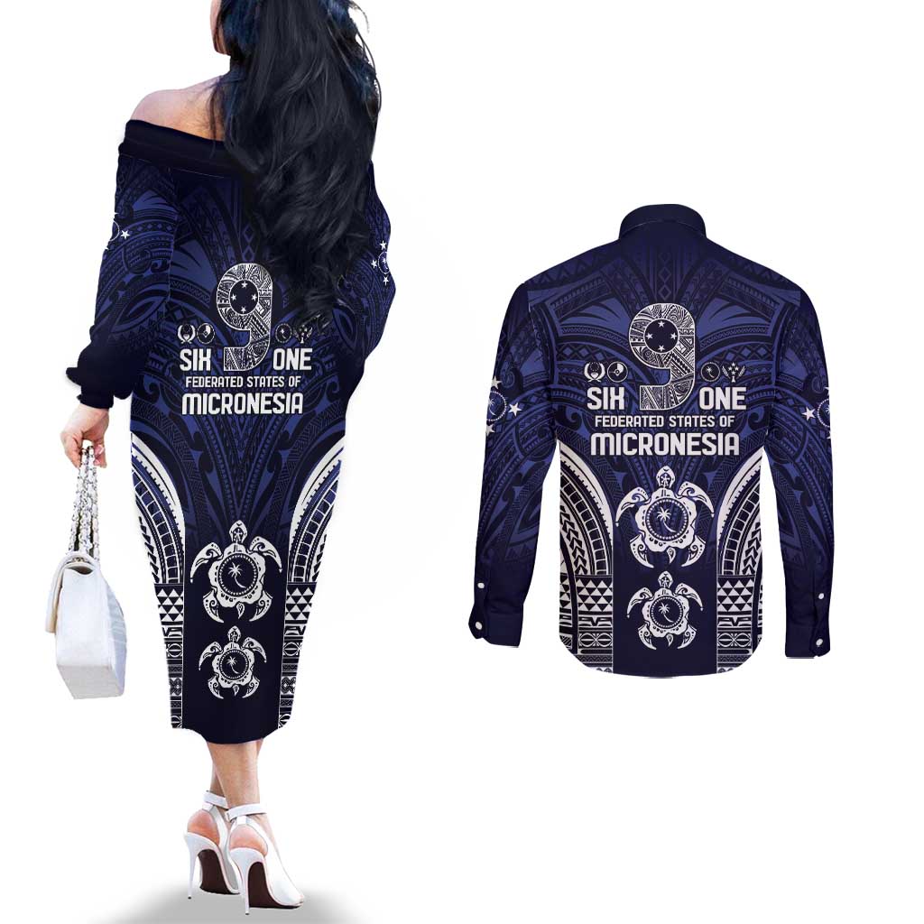 FSM Chuuk States Couples Matching Off The Shoulder Long Sleeve Dress and Long Sleeve Button Shirt Micronesia Six 9 One Polynesian Tribal Pattern LT9 - Polynesian Pride