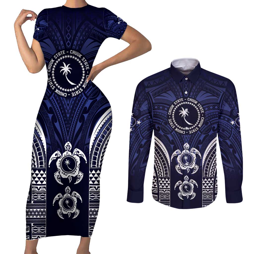 FSM Chuuk States Couples Matching Short Sleeve Bodycon Dress and Long Sleeve Button Shirt Micronesia Six 9 One Polynesian Tribal Pattern LT9 Blue - Polynesian Pride