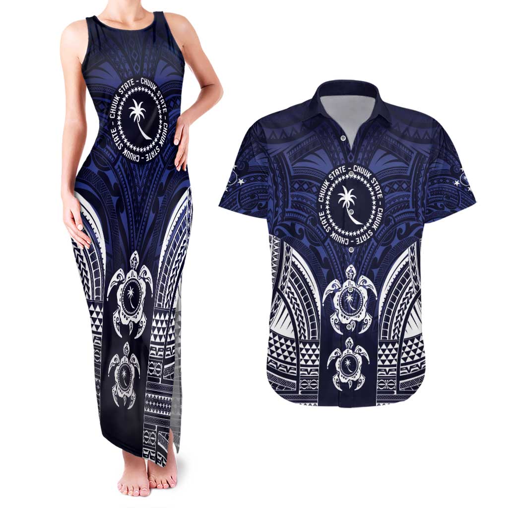 FSM Chuuk States Couples Matching Tank Maxi Dress and Hawaiian Shirt Micronesia Six 9 One Polynesian Tribal Pattern LT9 Blue - Polynesian Pride