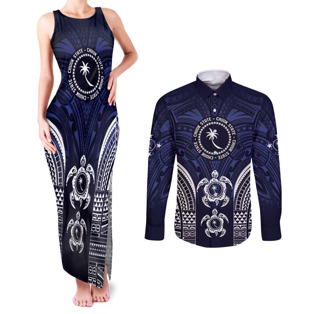 FSM Chuuk States Couples Matching Tank Maxi Dress and Long Sleeve Button Shirt Micronesia Six 9 One Polynesian Tribal Pattern
