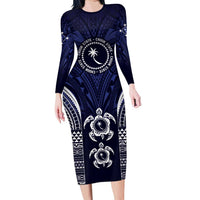 FSM Chuuk States Long Sleeve Bodycon Dress Micronesia Six 9 One Polynesian Tribal Pattern LT9 Long Dress Blue - Polynesian Pride