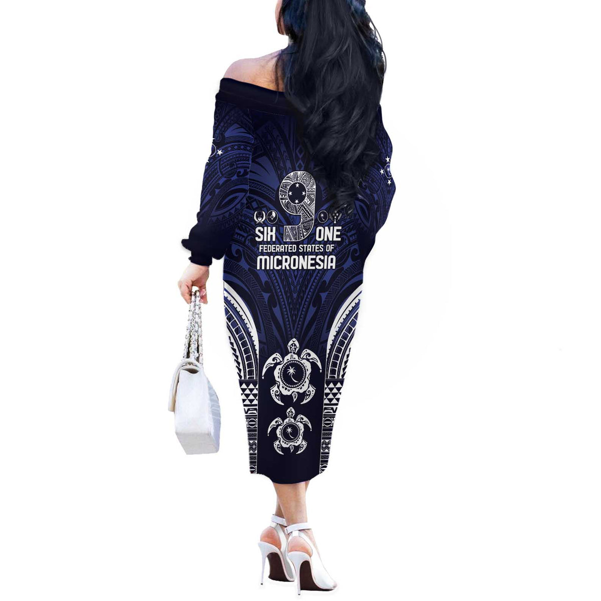 FSM Chuuk States Off The Shoulder Long Sleeve Dress Micronesia Six 9 One Polynesian Tribal Pattern LT9 - Polynesian Pride