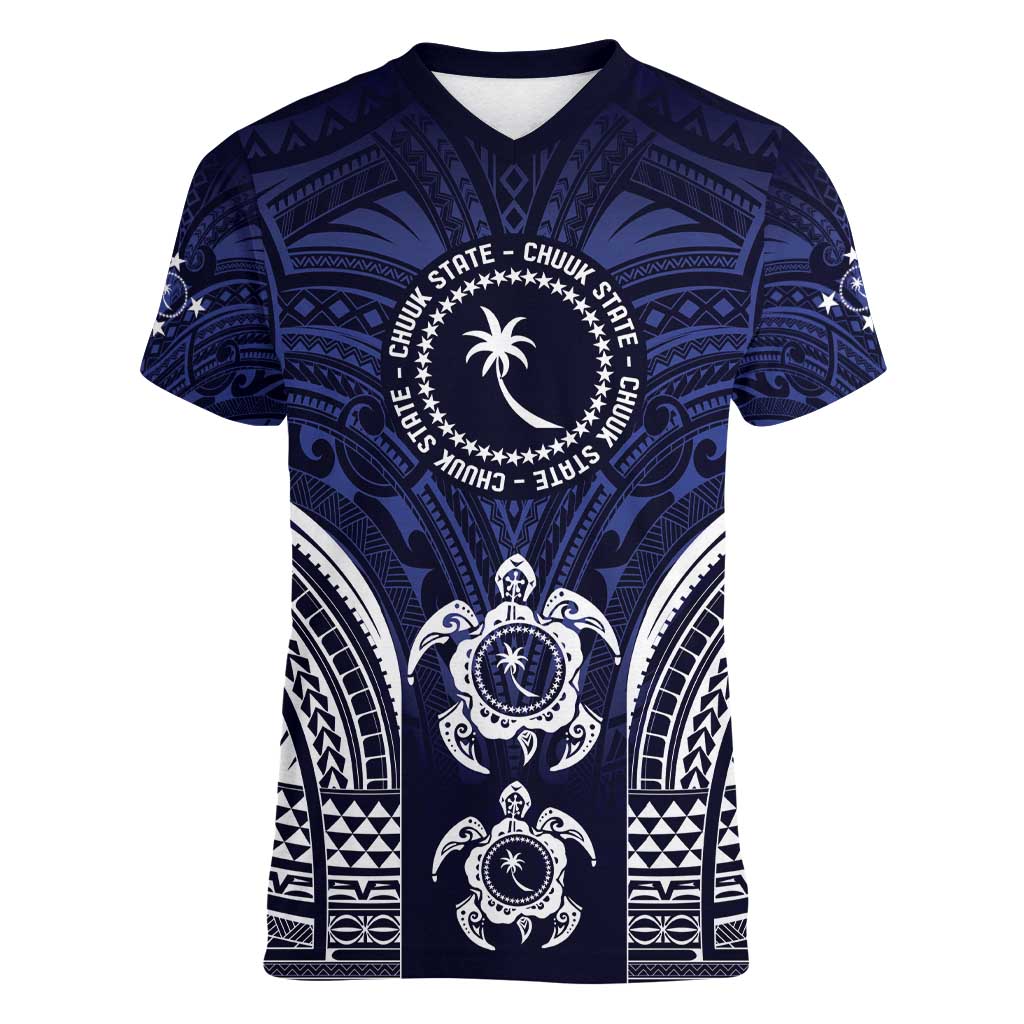 FSM Chuuk States Women V-Neck T-Shirt Micronesia Six 9 One Polynesian Tribal Pattern LT9 Female Blue - Polynesian Pride