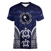 FSM Chuuk States Women V-Neck T-Shirt Micronesia Six 9 One Polynesian Tribal Pattern LT9 Female Blue - Polynesian Pride