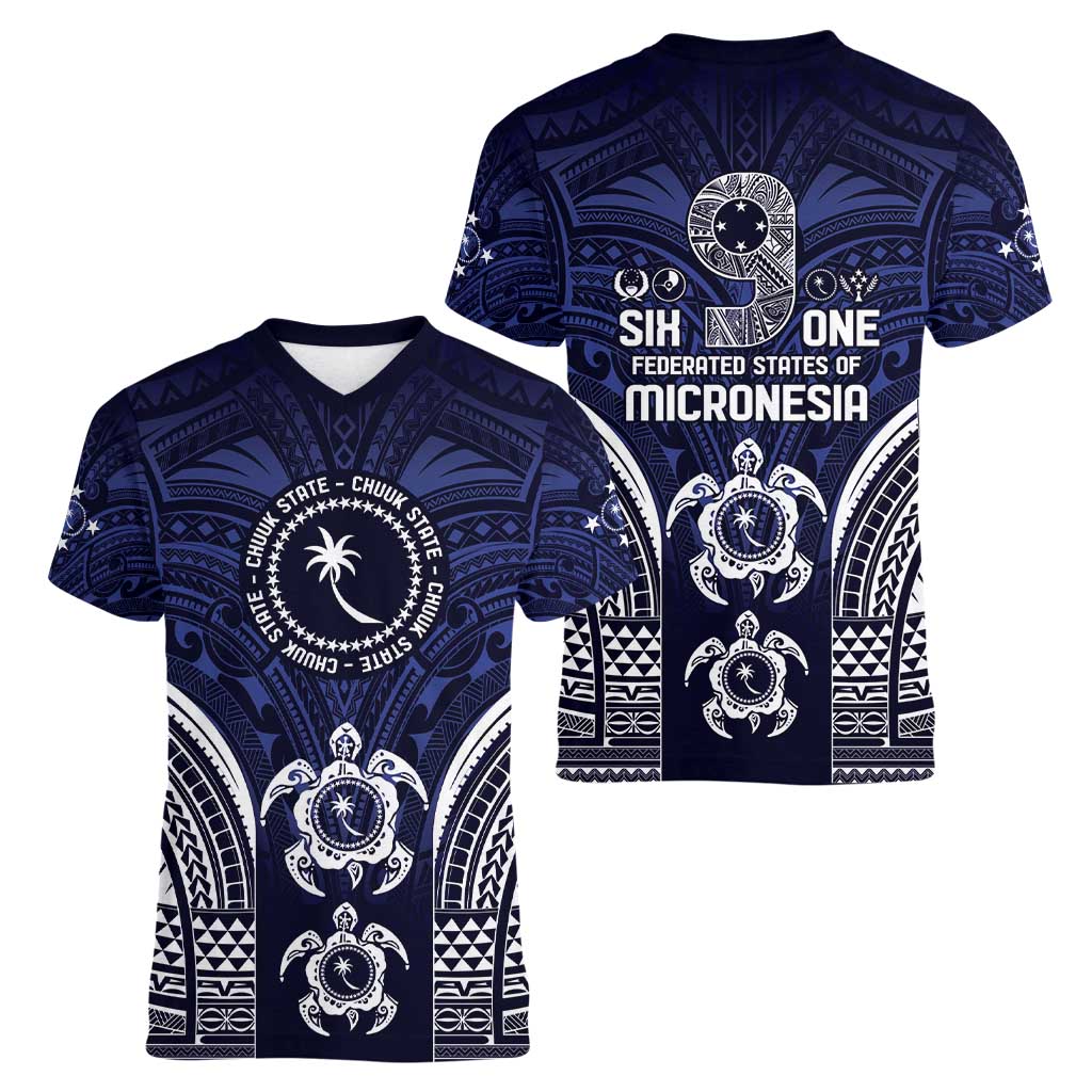 FSM Chuuk States Women V-Neck T-Shirt Micronesia Six 9 One Polynesian Tribal Pattern LT9 - Polynesian Pride