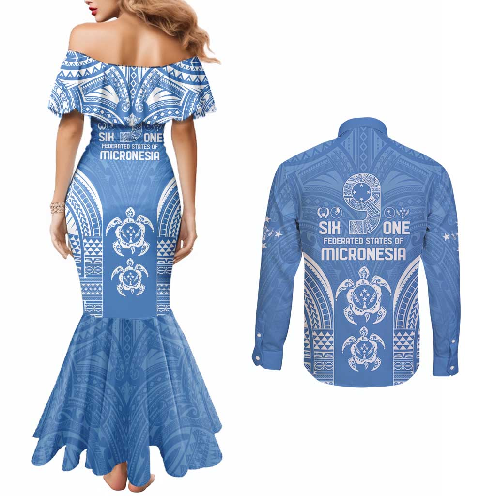 FSM Kosrae States Couples Matching Mermaid Dress and Long Sleeve Button Shirt Micronesia Six 9 One Polynesian Tribal Pattern