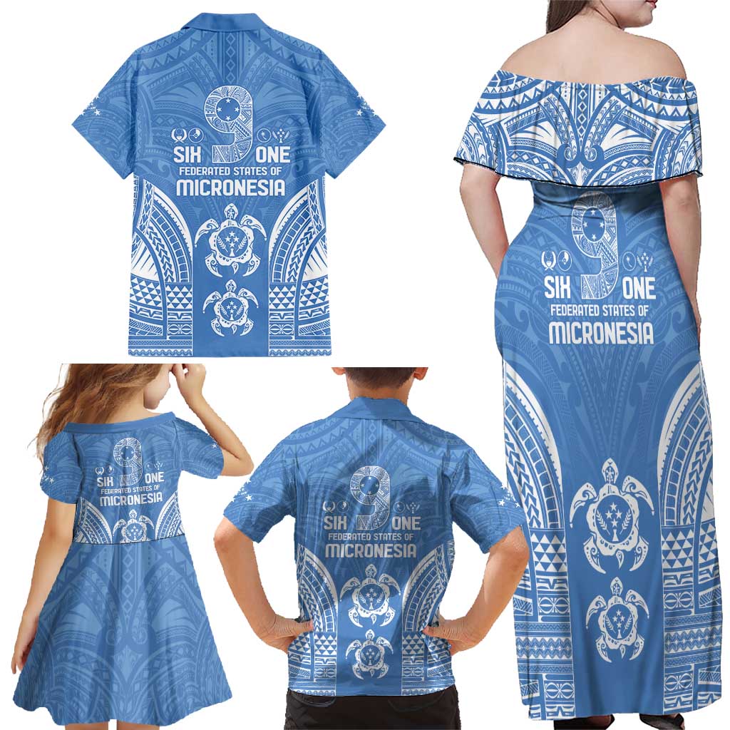 FSM Kosrae States Family Matching Off Shoulder Maxi Dress and Hawaiian Shirt Micronesia Six 9 One Polynesian Tribal Pattern
