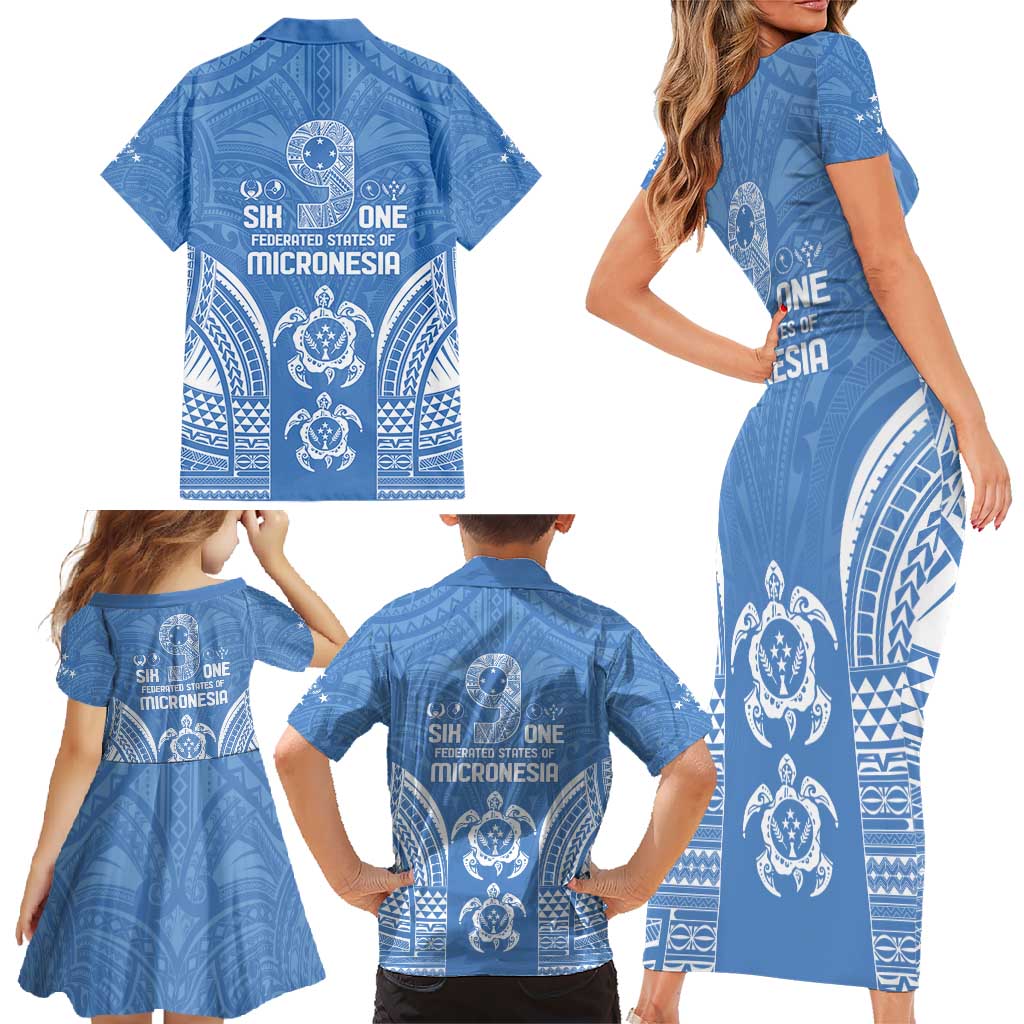 FSM Kosrae States Family Matching Short Sleeve Bodycon Dress and Hawaiian Shirt Micronesia Six 9 One Polynesian Tribal Pattern