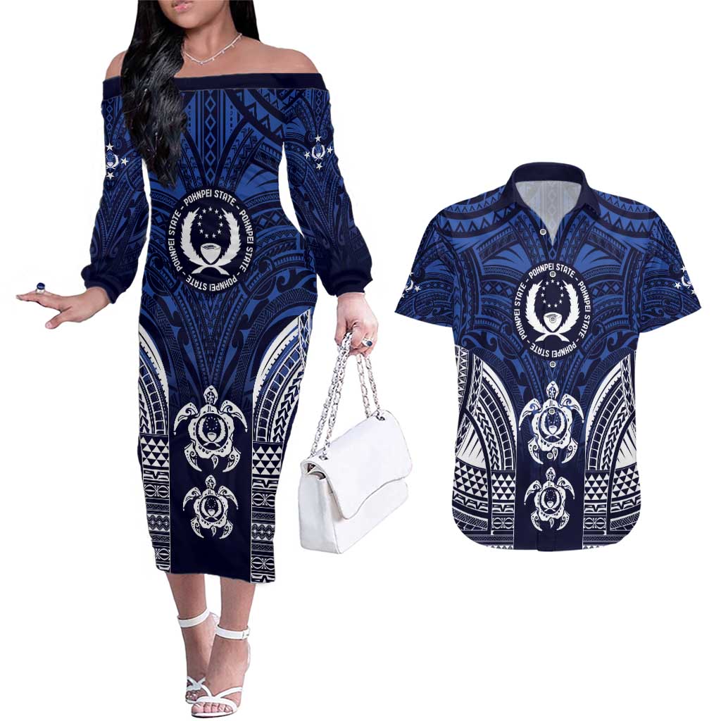 FSM Pohnpei States Couples Matching Off The Shoulder Long Sleeve Dress and Hawaiian Shirt Micronesia Six 9 One Polynesian Tribal Pattern