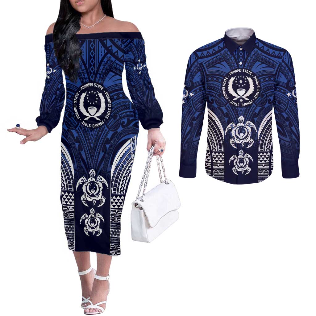 FSM Pohnpei States Couples Matching Off The Shoulder Long Sleeve Dress and Long Sleeve Button Shirt Micronesia Six 9 One Polynesian Tribal Pattern