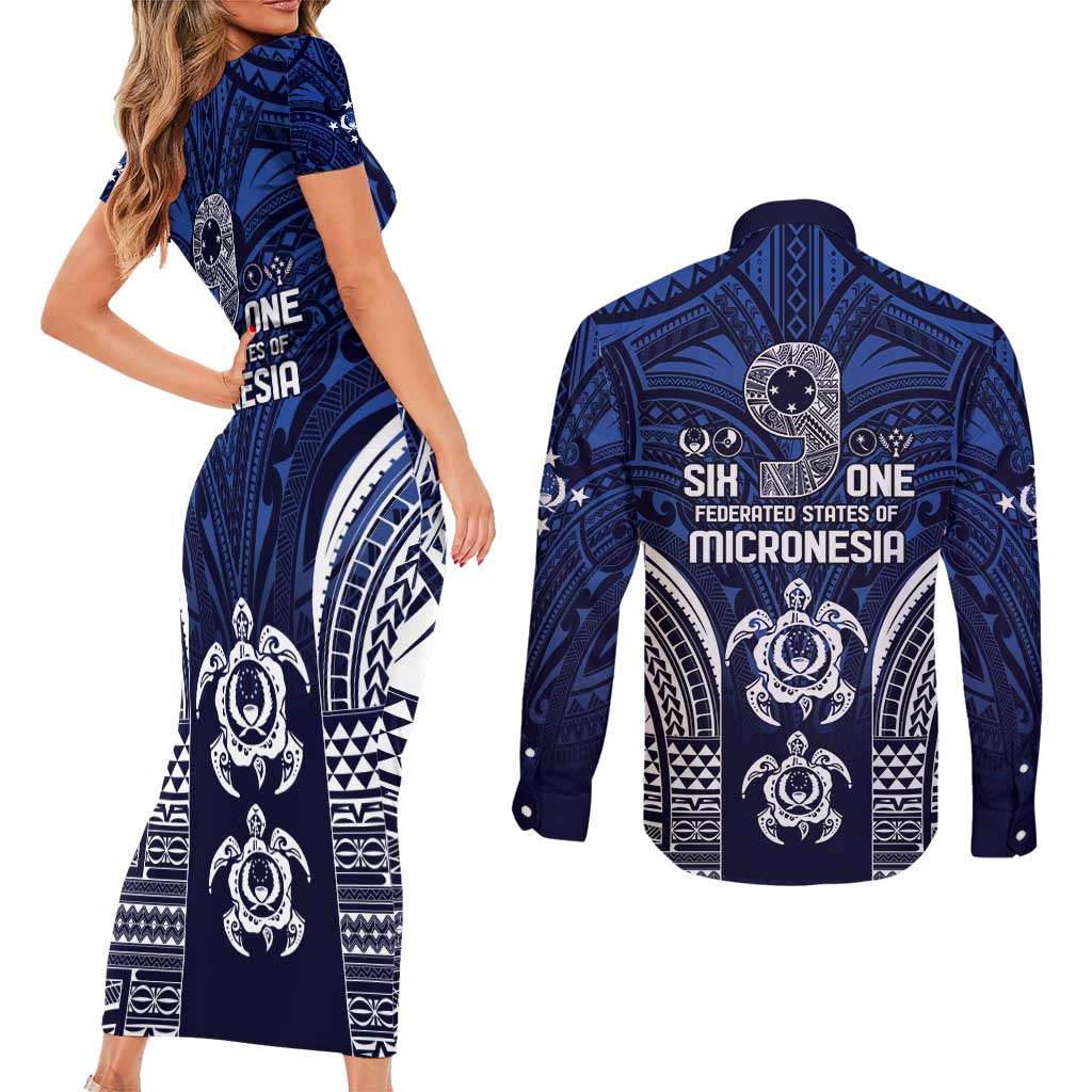 FSM Pohnpei States Couples Matching Short Sleeve Bodycon Dress and Long Sleeve Button Shirt Micronesia Six 9 One Polynesian Tribal Pattern