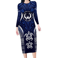 FSM Pohnpei States Long Sleeve Bodycon Dress Micronesia Six 9 One Polynesian Tribal Pattern LT9 Long Dress Blue - Polynesian Pride