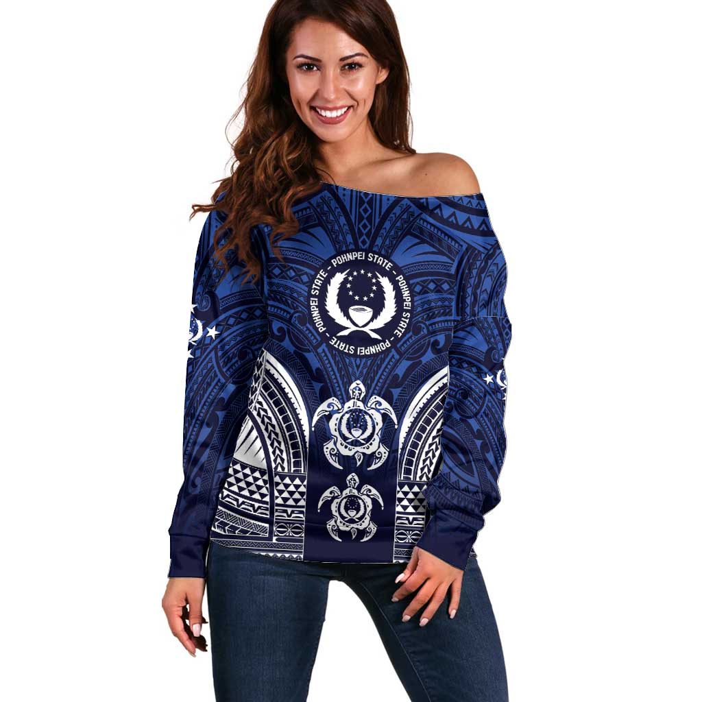 FSM Pohnpei States Off Shoulder Sweater Micronesia Six 9 One Polynesian Tribal Pattern LT9 Women Blue - Polynesian Pride