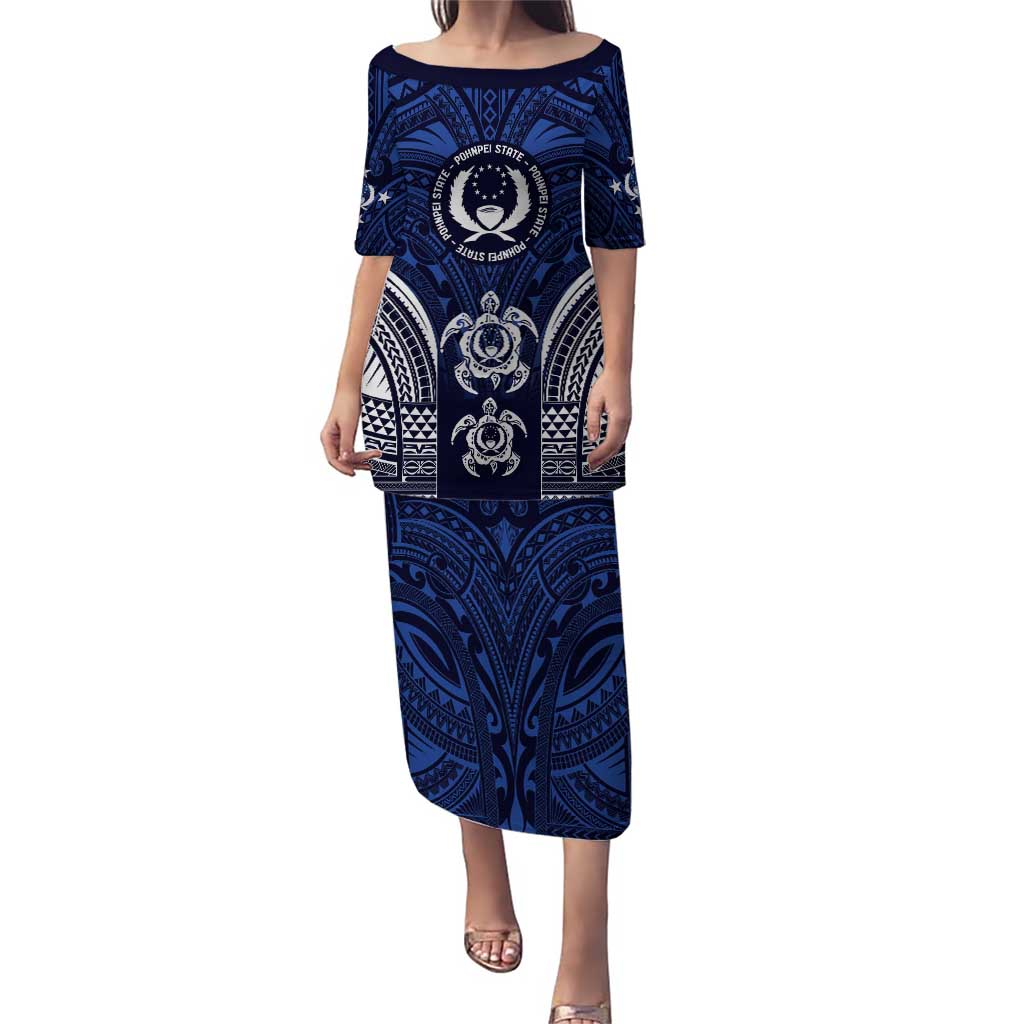 FSM Pohnpei States Puletasi Micronesia Six 9 One Polynesian Tribal Pattern LT9 Long Dress Blue - Polynesian Pride
