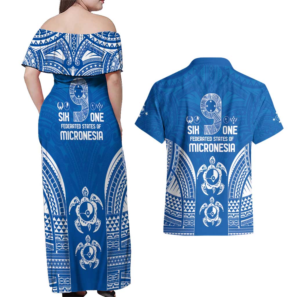 FSM Yap States Couples Matching Off Shoulder Maxi Dress and Hawaiian Shirt Micronesia Six 9 One Polynesian Tribal Pattern