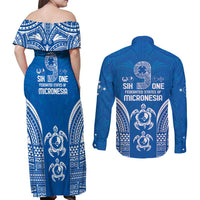 FSM Yap States Couples Matching Off Shoulder Maxi Dress and Long Sleeve Button Shirt Micronesia Six 9 One Polynesian Tribal Pattern