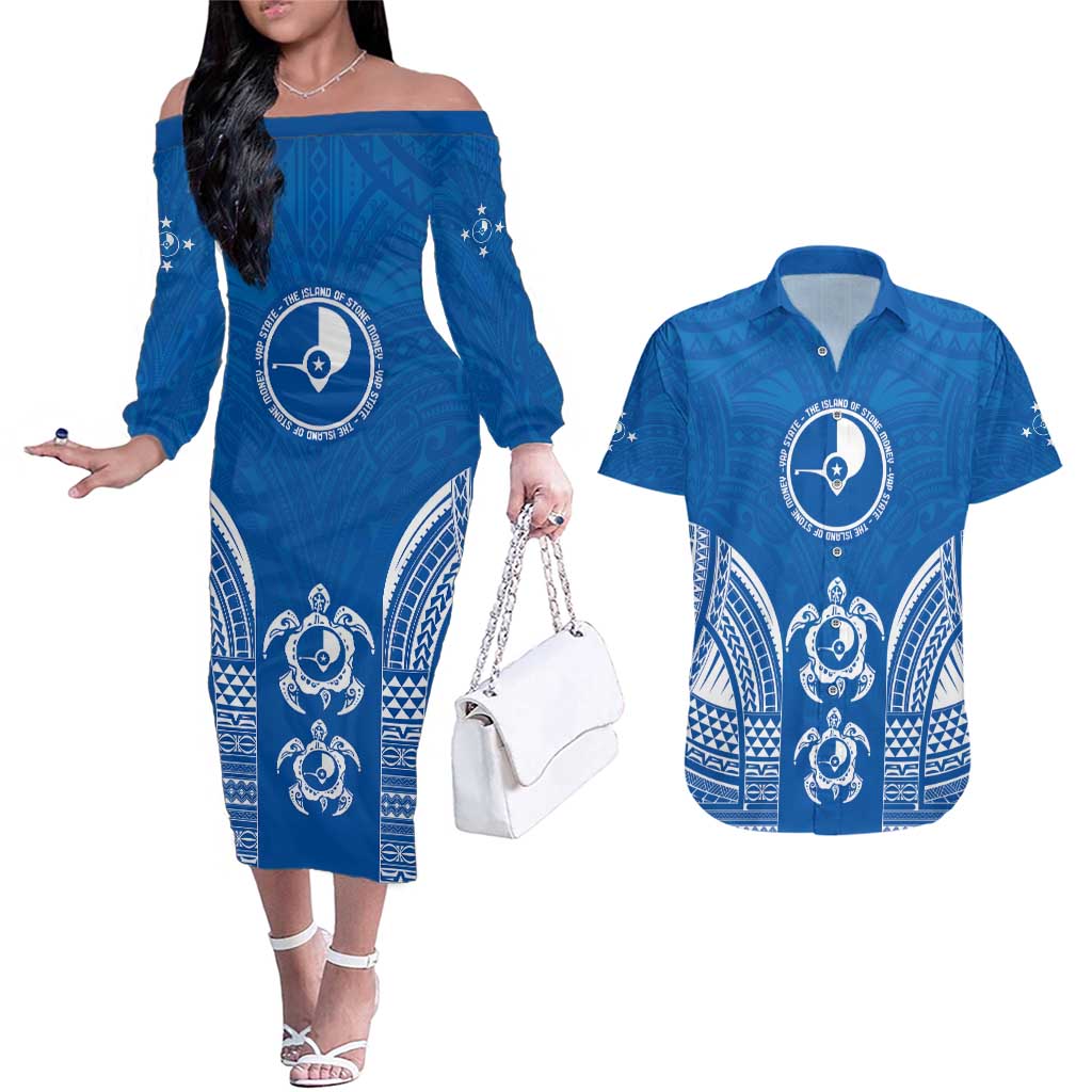 FSM Yap States Couples Matching Off The Shoulder Long Sleeve Dress and Hawaiian Shirt Micronesia Six 9 One Polynesian Tribal Pattern