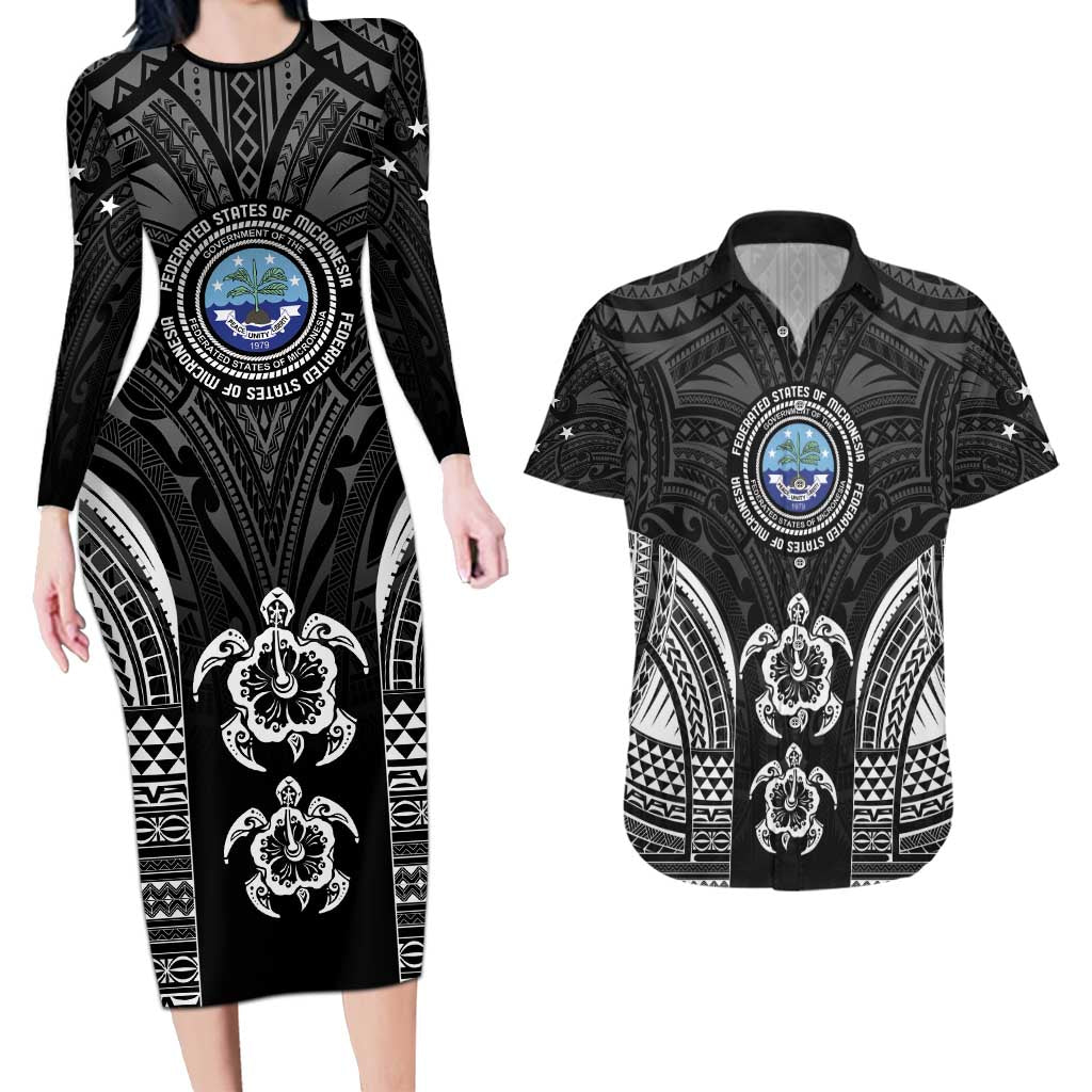 FSM Micronesia Six 9 One Couples Matching Long Sleeve Bodycon Dress and Hawaiian Shirt Polynesian Tribal Pattern