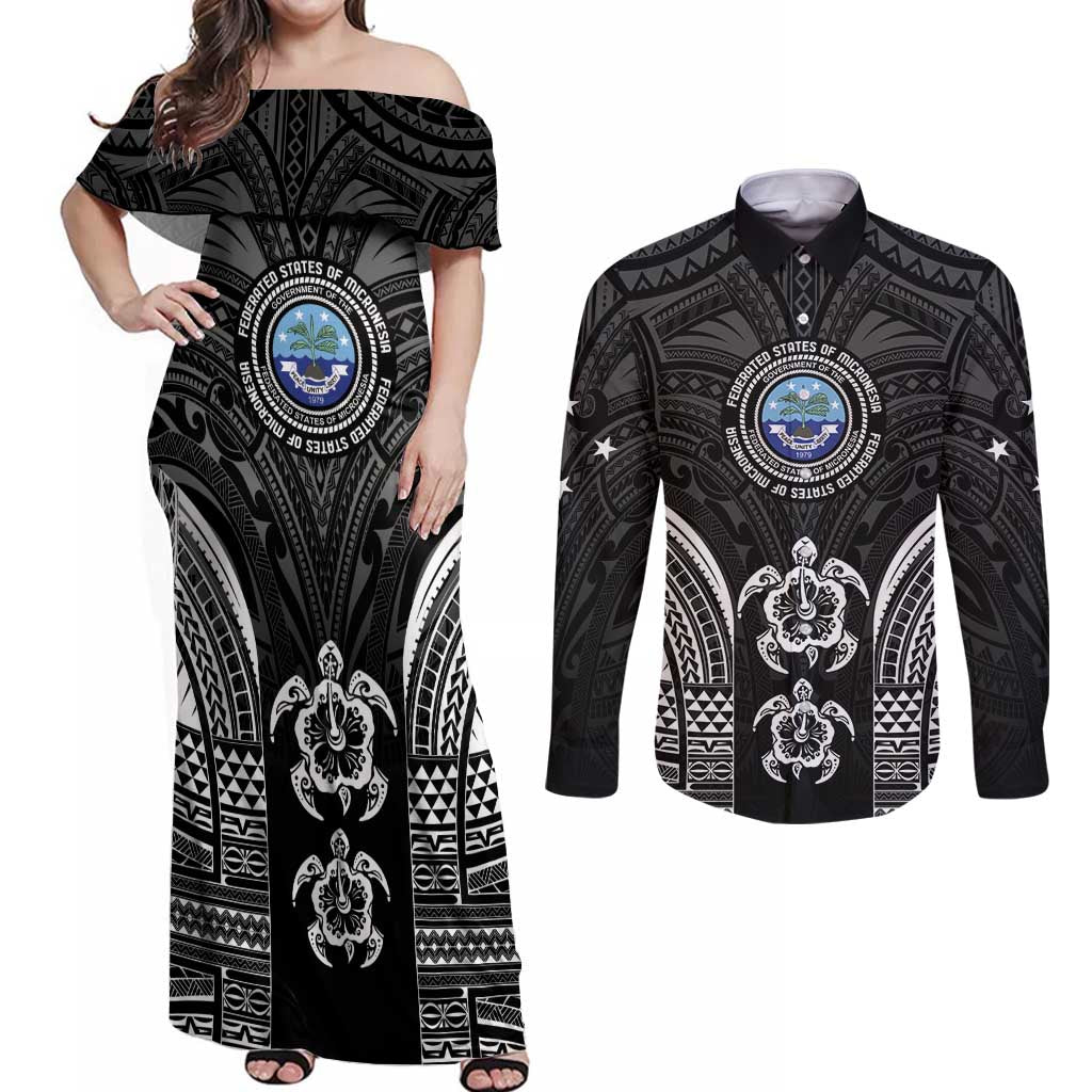 FSM Micronesia Six 9 One Couples Matching Off Shoulder Maxi Dress and Long Sleeve Button Shirt Polynesian Tribal Pattern