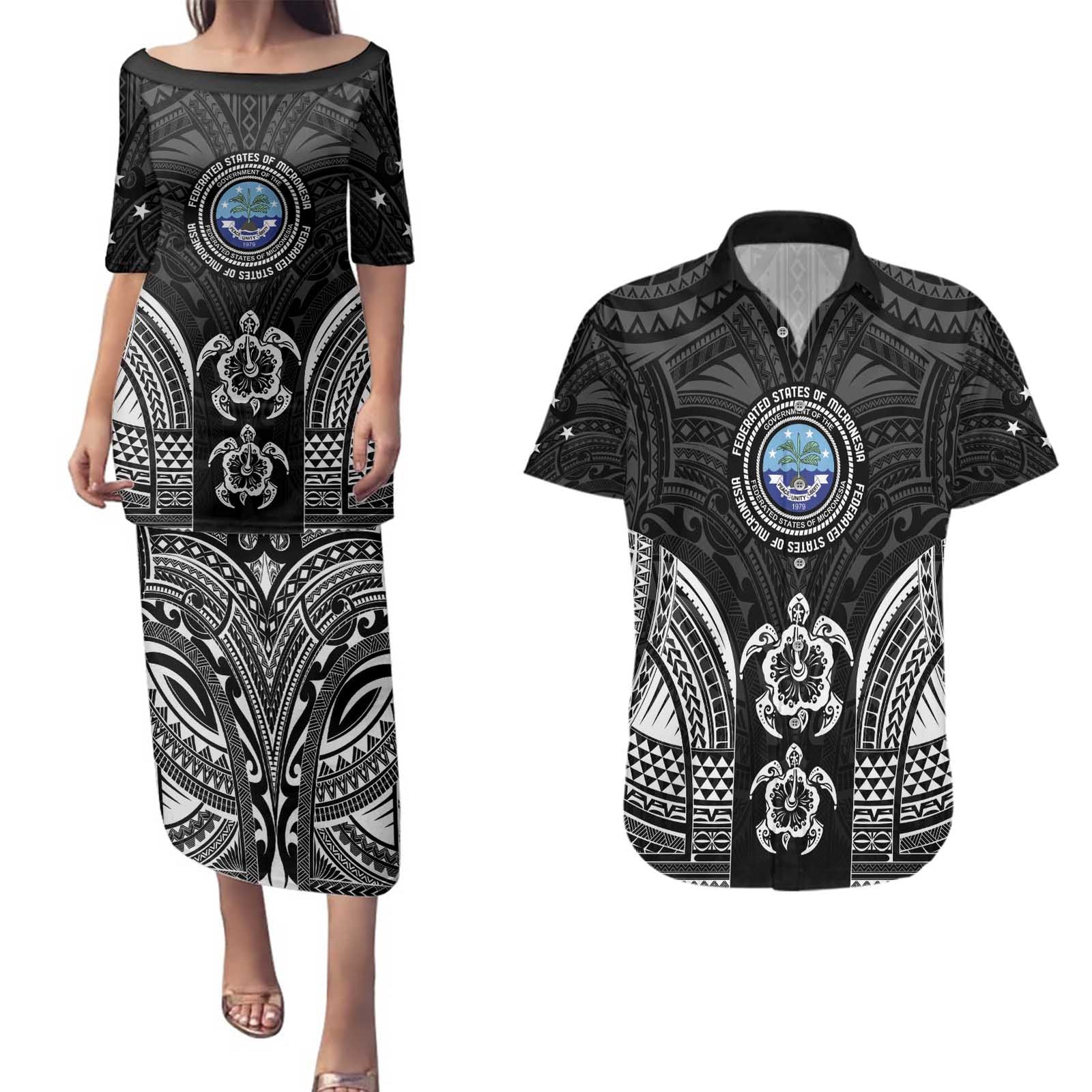 FSM Micronesia Six 9 One Couples Matching Puletasi and Hawaiian Shirt Polynesian Tribal Pattern