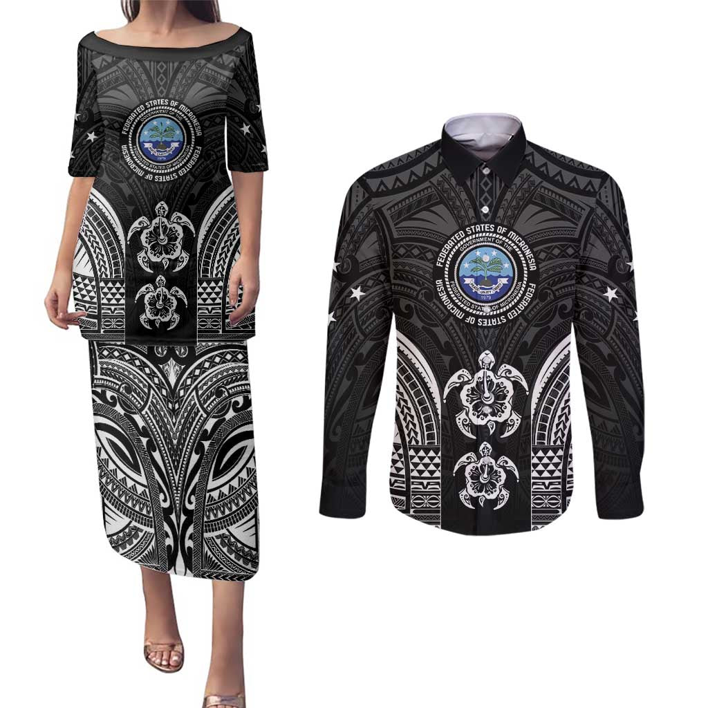 FSM Micronesia Six 9 One Couples Matching Puletasi and Long Sleeve Button Shirt Polynesian Tribal Pattern