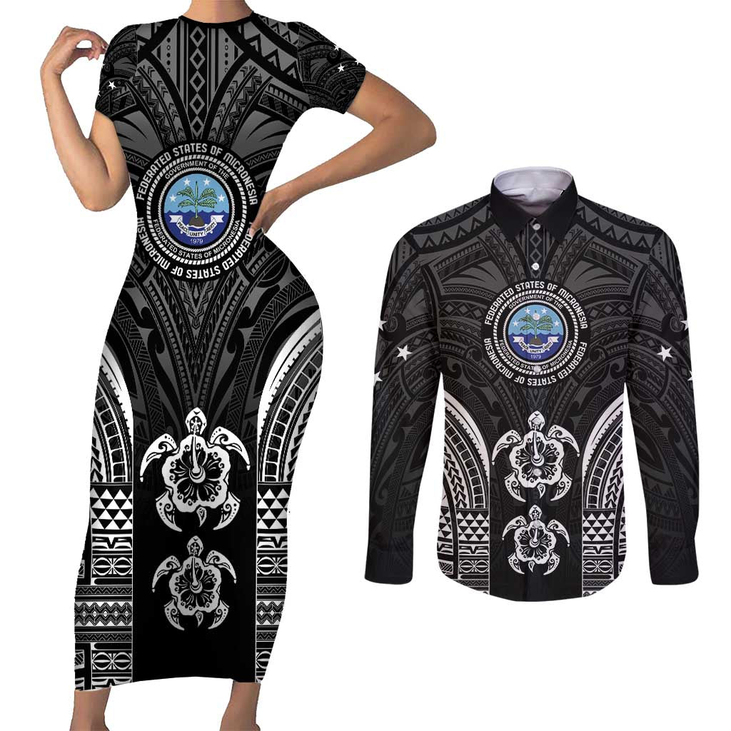FSM Micronesia Six 9 One Couples Matching Short Sleeve Bodycon Dress and Long Sleeve Button Shirt Polynesian Tribal Pattern