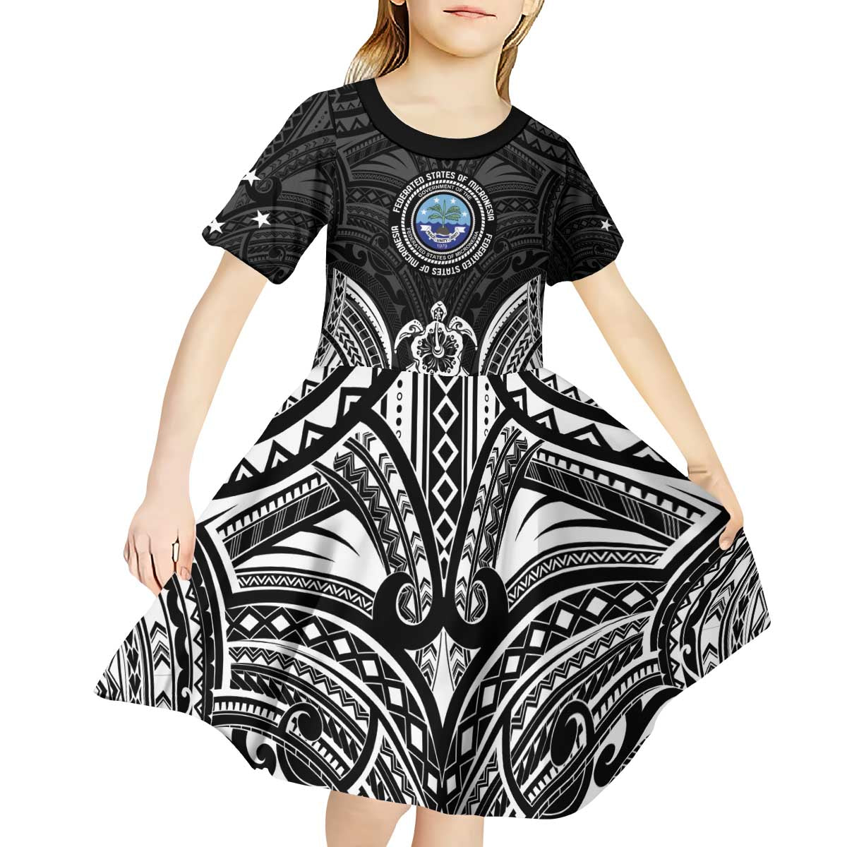 FSM Micronesia Six 9 One Kid Short Sleeve Dress Polynesian Tribal Pattern