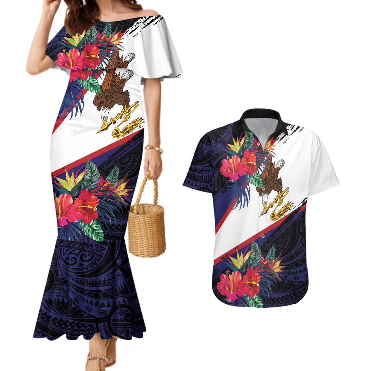 American Samoa Flag Day Since 1900 Couples Matching Mermaid Dress and Hawaiian Shirt Samoa Muamua Le Atua Tropical Flowers