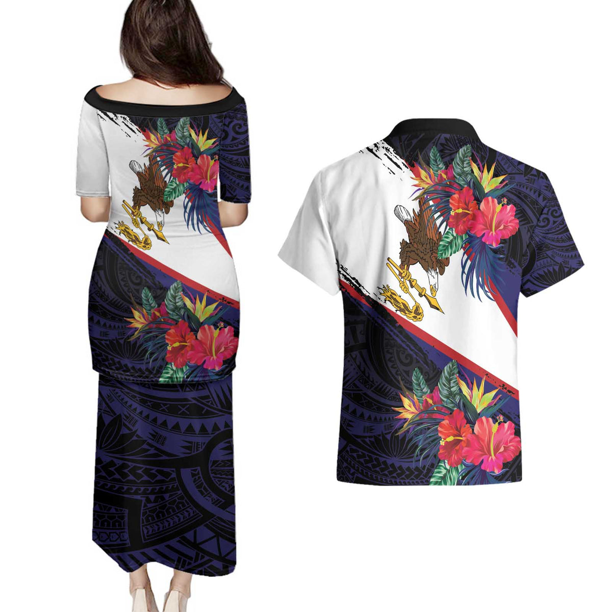 American Samoa Flag Day Since 1900 Couples Matching Puletasi and Hawaiian Shirt Samoa Muamua Le Atua Tropical Flowers