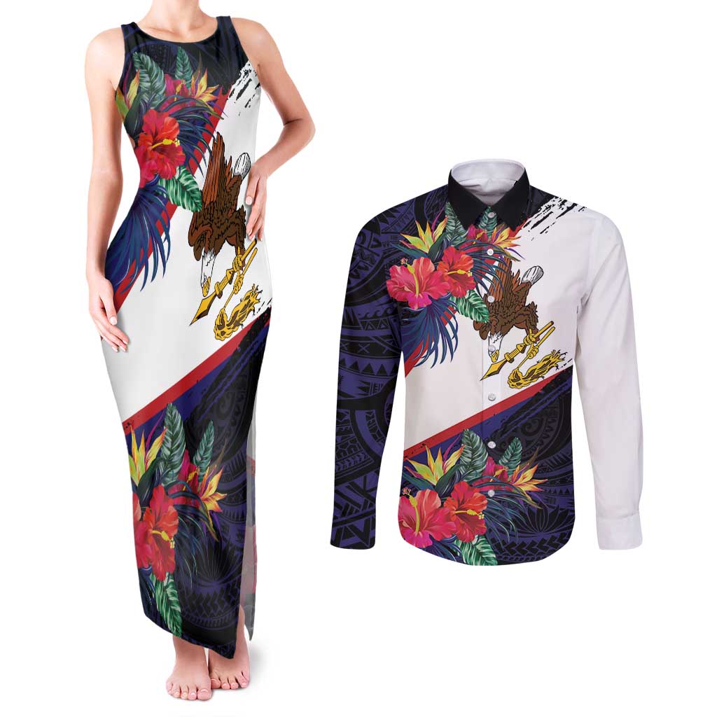 American Samoa Flag Day Since 1900 Couples Matching Tank Maxi Dress and Long Sleeve Button Shirt Samoa Muamua Le Atua Tropical Flowers
