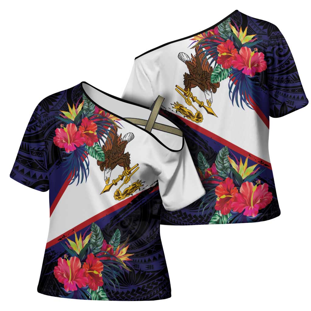 American Samoa Flag Day Since 1900 Cross Shoulder Shirt Samoa Muamua Le Atua Tropical Flowers - Polynesian Pride