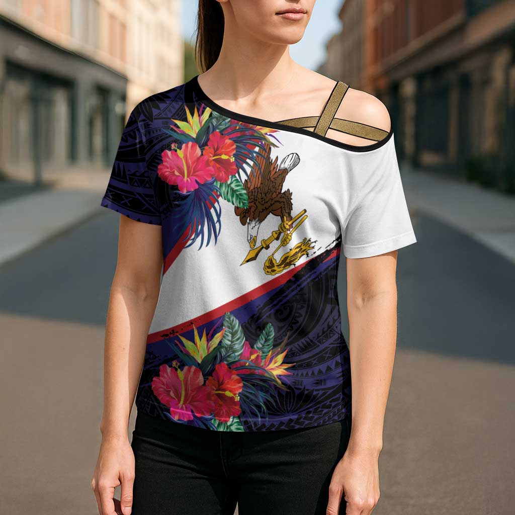 American Samoa Flag Day Since 1900 Cross Shoulder Shirt Samoa Muamua Le Atua Tropical Flowers - Polynesian Pride